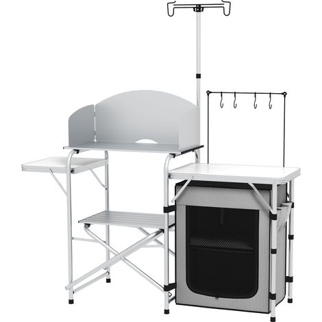 Cuisine de camping pliable avec protection UV et coupe-vent, cuisine extérieure avec 3 plans de travail et un compartiment de rangement, support d'éclairage en aluminium