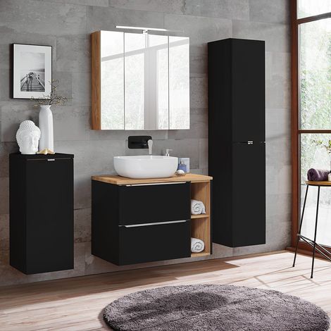 Badmöbel Set mit LED-Spiegelschrank TOSKANA-BLACK-56 seidenmatt anthrazit & Wotaneiche B/H/T ca.190/200/46cm (1/5)