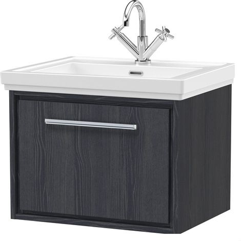 Longnor 1 Drawer Wall Hung Vanity Unit with 1 Tap Hole Traditional Fireclay Basin, Woodgrain Graphite Grey, 600mm