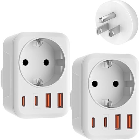 2 x prise adaptateur USA 5 en 1 prise US UE avec 1 AC 2 USB-C 2 USB-A (3,4 A), adaptateur de voyage 3750 W adaptateur américain, adaptateur UE vers USA pour Amérique Canada Thaïlande Mexique type B (1/5)