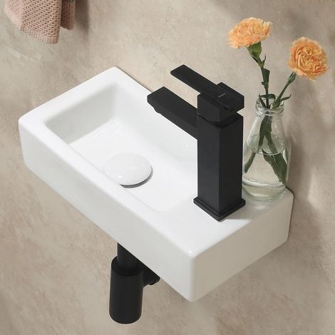 HOROW Small Sink Cloakroom Wash Basin, Rectangle Countertop Basin, Wall Mounted, Right Hand 376 x 188 x 93mm (1/5)