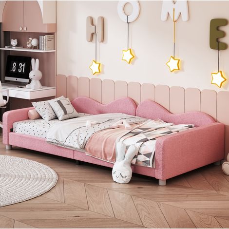 Cama infantil tapizada 42/214,5/95 cm rosa de tejido de borreguito con respaldo y brazos (1/5)