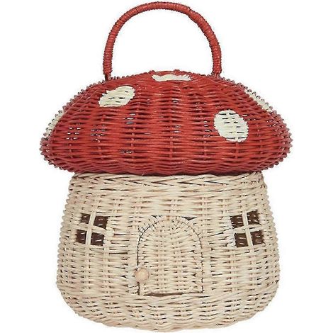 Panier de rangement en rotin rouge en forme de champignon, fait main. (1/5)
