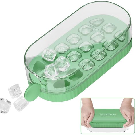 Eiswürfelform mit Deckel, 18-teiliges Silikon-Quetsch-Eiswürfel-Set für den Gefrierschrank, einfaches Entformen, schnelles Befüllen ohne Berührung, Eiswürfelform für Cocktails, Whisky, Kaffee, grüne G