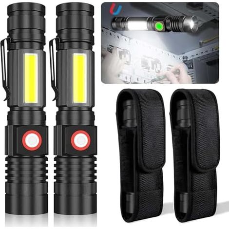 Lot de 2 lampes torches LED rechargeables USB, petites lampes tactiques avec éclairage COB, base magnétique, zoom, étanches IP65, 2000 lumens, idéales pour le camping, la randonnée et les situations d (1/3)