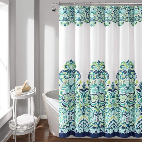 Rideau de Douche en Tissu coloré imprimé Cachemire damassé Bleu et Vert x 72 (1/5)