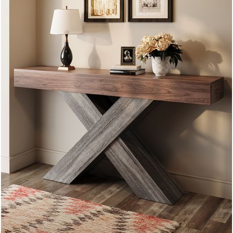 Tavolo consolle 140x30x80 cm noce in truciolare con supporti a X salvaspazio (1/5)