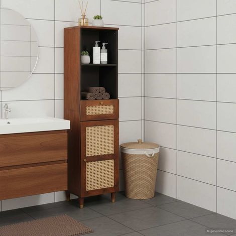 Buffet salle de bain en bois de manguier massif marron, 1 porte, 1 tiroir, 38 x 33,5 x 160 cm - PANGIVO (1/5)