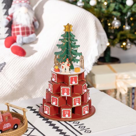 Calendrier de l'Avent en Sapin avec 10 Guirlandes Lumineuses LED, 22x22x35 cm, en Contreplaqué, Rouge Vert et Jaune (1/5)