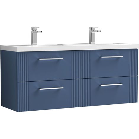 Belvide Partial Fluted 4 Drawer Wall Hung Vanity Unit with Double Polymarble Basin - 1200mm - Satin Blue