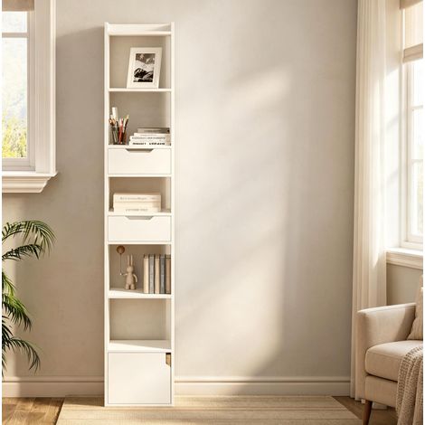 Libreria 33x24x181 cm bianca in legno con 6 ripiani, 2 cassetti e anta (1/3)