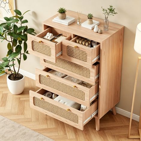 Buffet de rangement, Commode à 5 tirtors 60 x 34 x 91 cm, Meuble de Rangement, Armoire Tiroirs, Buffet pour Salon, Chambre, Salle à Manger, couleur bois naturel (1/5)