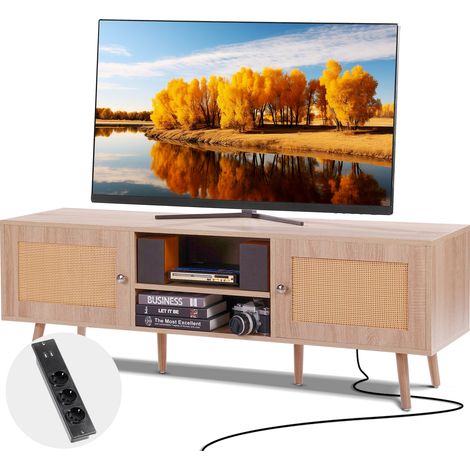VEVOR Mobile TV in Rattan, Stile Moderno Mid Century per Televisioni da 1651 mm, Boho con Presa Integrata e Porte USB, Ripiani Regolabili per Soggiorno, Mobile Sala Multimediale, Rovere (1/5)