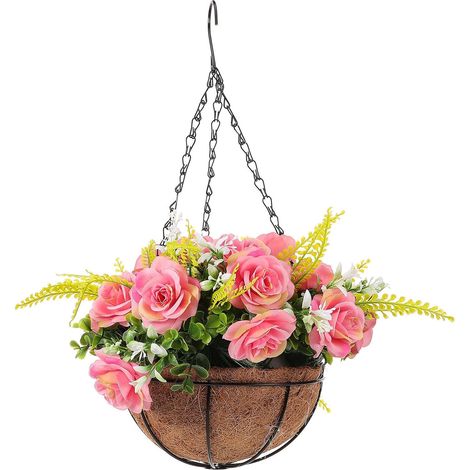 Outdoor Hanging Flower Basket in Plastic with Artificial Rose Flowers, Practical Decor for Balcony and Simple Style with an Artistic Touch (1/5)