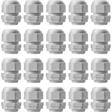 Lot de 20 presse-étoupes M25, étanches IP68, passe-câbles pour extérieur, jardin, boîte de dérivation, en plastique et nylon, blanc (1/5)