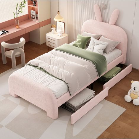 Lit enfant rembourré en peluche rose 90x200 cm avec tête de lit lapin, 2 tiroirs et sommier à lattes (1/5)