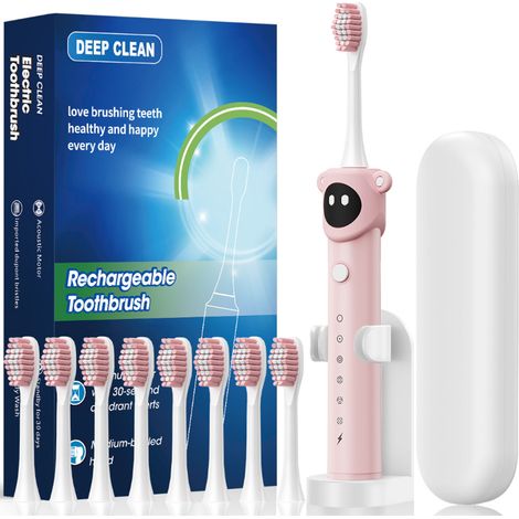 Brosse à dents électrique sonique enfant bleue 8 têtes de remplacement, poils DuPont souples, étanche Rose (1/5)