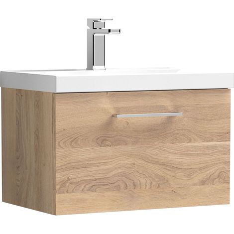 Balterley Contemporary Bathroom Wall Hung 1 Soft-Close Drawer Vanity Unit with Mid-Edge Ceramic Basin, Bleached Oak, 600 mm