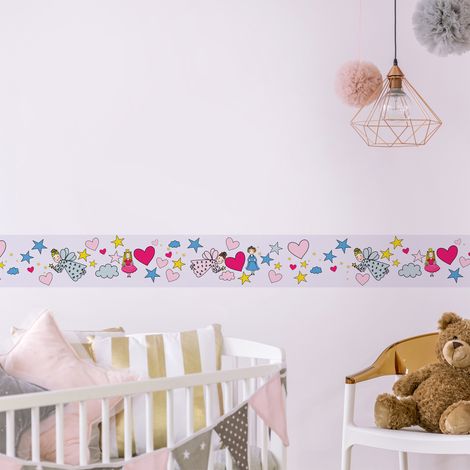 Frise adhésive décorative autocollante pour chambre enfant, 15 cm X 300 cm, illustration des fées, étoiles et coeurs, couleurs violet et rose. (1/2)