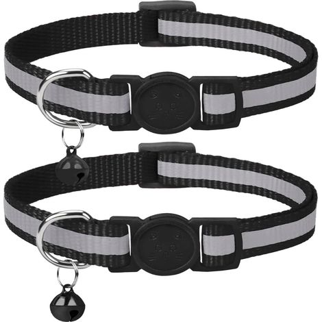 Collier réfléchissant pour chat (lot de 2), collier anti-étranglement avec clochette et boucle de sécurité, collier noir ajustable de 19 à 32 cm, convient à la plupart des chats domestiques. (1/5)