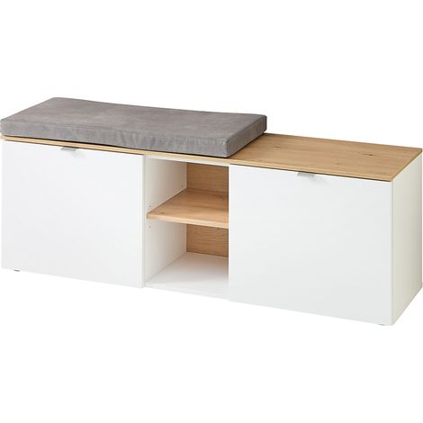 Schuhbank mit Sitzpolser 128 cm breit weiß matt mit Eiche BLISS-36 (1/5)