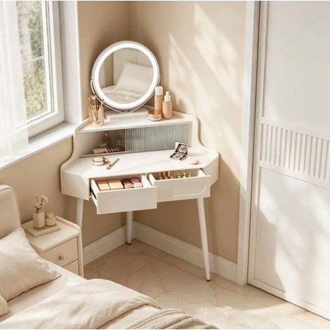 Coiffeuse d’angle avec miroir rond LED réglable, 2 tiroirs, rangement en verre et structure métal, blanche, gain de place pour petite chambre  CHICFURN (1/5)