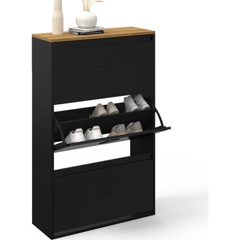 Idmarket – Meuble à chaussures 3 portes métal noir – Capacité 18 paires – Plateau bois – Design industriel compact – Dimensions 65x23,5x103 cm