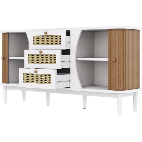 Buffet, commode en rotin, commode avec portes coulissantes, étagères réglables, plateau incurvé (1/5)