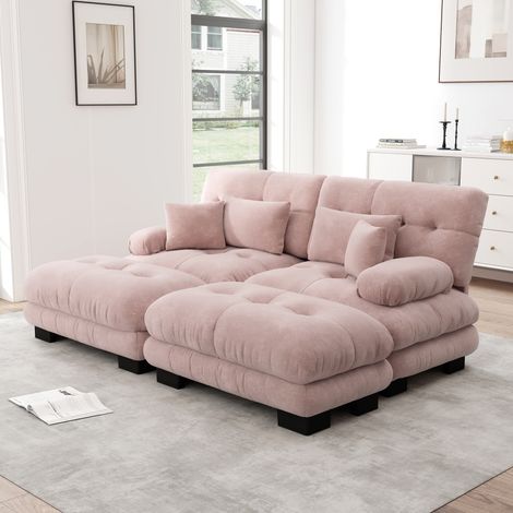 Canapé nuage d’angle pour salon,double chenille avec 2 coussins lombaires et 2 décoratifs,accoudoirs larges et 2 poufs,rose chenille