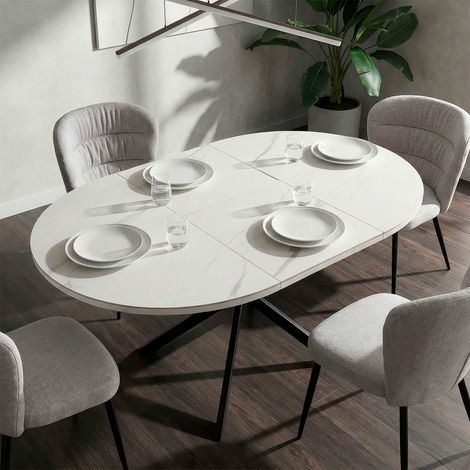 Mesa de comedor redonda extensible para 2 a 4 personas, de cerámica, modelo Mabel, en blanco y negro (1/5)