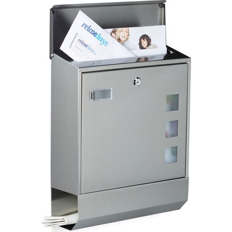 Relaxdays Stainless Steel Letterbox with Newspaper Slot, Name Plate, Viewing Window, HxWxD: 42 x 35 x 12.5 cm, Design, Silver (1/5)
