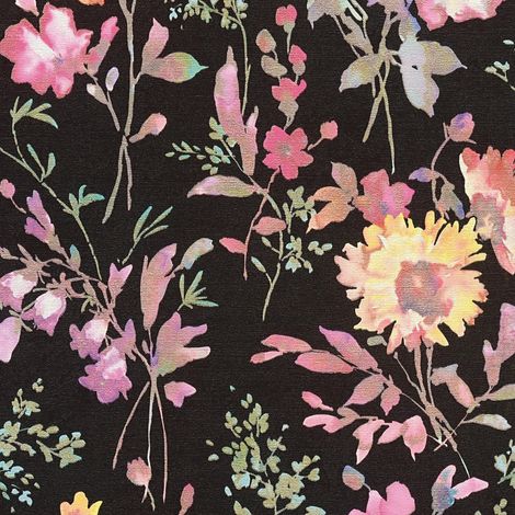 Blumen Tapete Profhome 790612 heißgeprägte Vliestapete leicht strukturiert mit floralen Ornamenten und metallischen Akzenten schwarz rosa grün gelb 5,33 m2