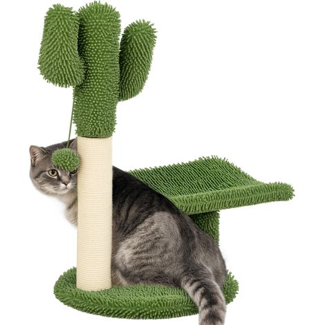 Arbre à chat cactus avec griffoir et balle de jeu, 35 x 31 x 55.5 cm, vert et blanc