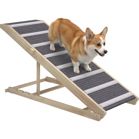 Rampe pliante chiens hauteur réglable 41-60 cm, bois, tapis antidérapant (1/5)