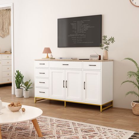 Buffet de Rangement Industriel Blanc – Meuble 140x40x80 cm avec 3 Portes, 6 Tiroirs et Étagères Réglables – Rangement Polyvalent pour Salon, Salle à Manger ou Bureau