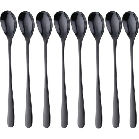 Cuillères à long manche, cuillères à thé glacé en acier inoxydable doré, lot de 8 pour mélanger cocktails, thé, café, milkshakes et boissons froides, noires (1/5)