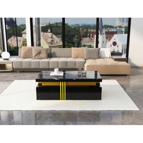 Table basse rectangulaire moderne — Caractéristiques : Finition haute brillance, deux tiroirs en bois, plateau à motif marbré — Un choix idéal pour le salon. (1/4)