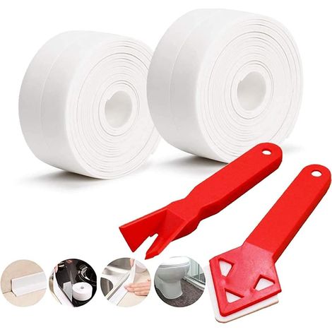 rollos de cinta de sellado y 2 herramientas de calafateo, cinta de bañera, cinta de calafateo autoadhesiva, para cocina, baño, esquina de pared, inodoro (1/5)