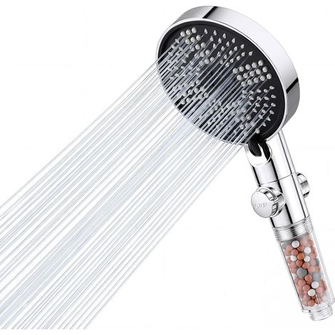 Pommeau de Douche Anticalcaire, 5 Jets à Débit Réglable Douchette Haute Pression avec Filtre 3 Couches, Panneau 120 mm et Raccord G1/2, pour Enfants, Seniors, Animaux et Bain (1/5)