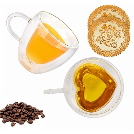 Transparent Tasse Verre Double Paroi en Forme de Cœur, Lot de 2, 240ml Tasses à Expresso verre avec poignée, pour Thé, Café, le Lattes (avec Sous-verres) (1/5)