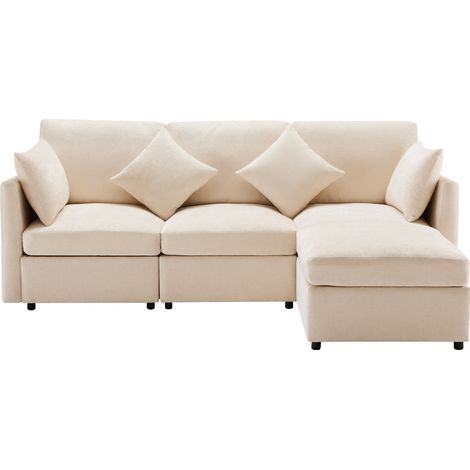 Divano angolare modulare a L beige in ciniglia con 4 cuscini HOMVRA (1/5)