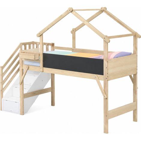 Lit mezzanine enfant 90x200 avec toit, tableau à craie, escalier 3 rangements, barrières de sécurité, blanc et bois clair, chambre enfant  CHICFURN (1/5)