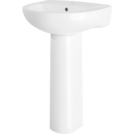 Sleek Modern White 550mm Round Bathroom 2 Tap Hole Basin & Pedestal