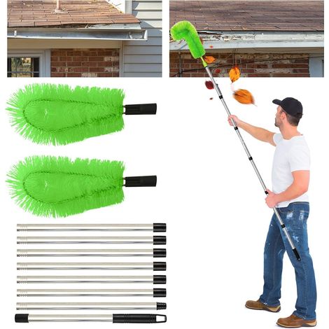 Outil de nettoyage de gouttière, perche telescopique nettoyage,brosse extensible longue portée, outil de nettoyage de gouttière pour gouttière de toit Longueur totale – 310 cm (Vert) (1/5)