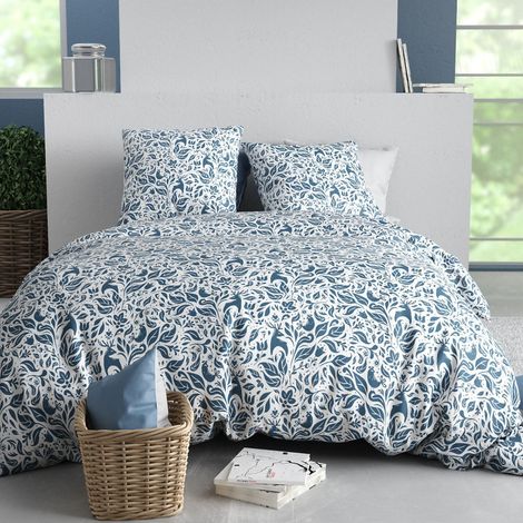 Parure housse de couette 260x240cm + 2 taies motif bucolique bleu 100% coton - BULMA (1/4)