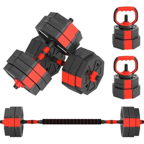Pesi Palestra 6 en 1 30kg Rosso, Kettlebell, 2 Manubri, Bilanciere, Supporto Flessioni (1/5)