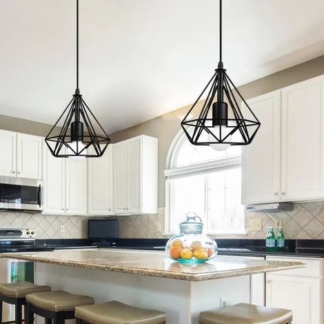 2PCS Retro Suspension Luminaire Industrielle en Métal Noir Lustre Suspension Vintage Cage Diamant pour Salon Chambre (1/4)