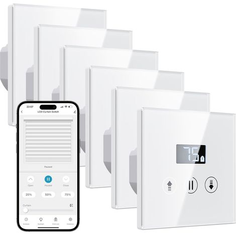 6 Pack Interrupteur Volet Roulant Connecté, 80x80 mm Interrupteur Intelligent Tactile, Équipé un Écran LCD en Pourcentage, Facile Installation (1/5)