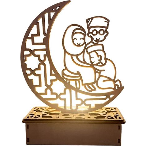 Suspension lumineuse en bois pour Aïd - Décoration lunaire creuse avec LED pour palais et famille - Artisanat bois lune lumineux ornement de Ramadan. (1/4)
