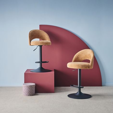 Lot de deux tabourets de bar ajustables métal et tissu camel. pied noir - L 49 x P 49 x H 88.5-110cm - Abby (1/5)